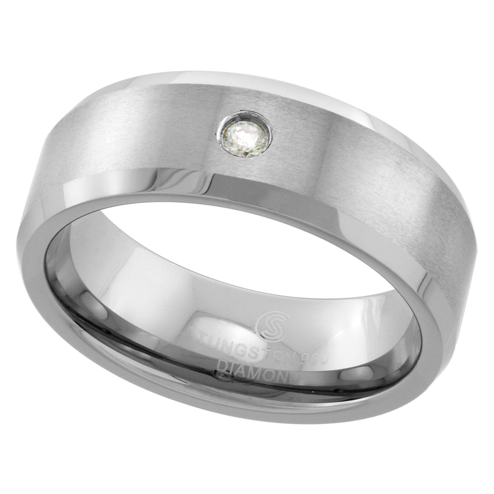 8mm Tungsten 900 Diamond Wedding Ring 0.072 cttw Beveled Edges Comfort fit, sizes 8 to 13