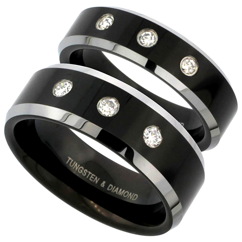 2-Ring Set 6 &amp; 8 mm Black Tungsten 3 Stone Diamond Wedding Ring Two-tone Beveled Comfort fit, sizes 5-13