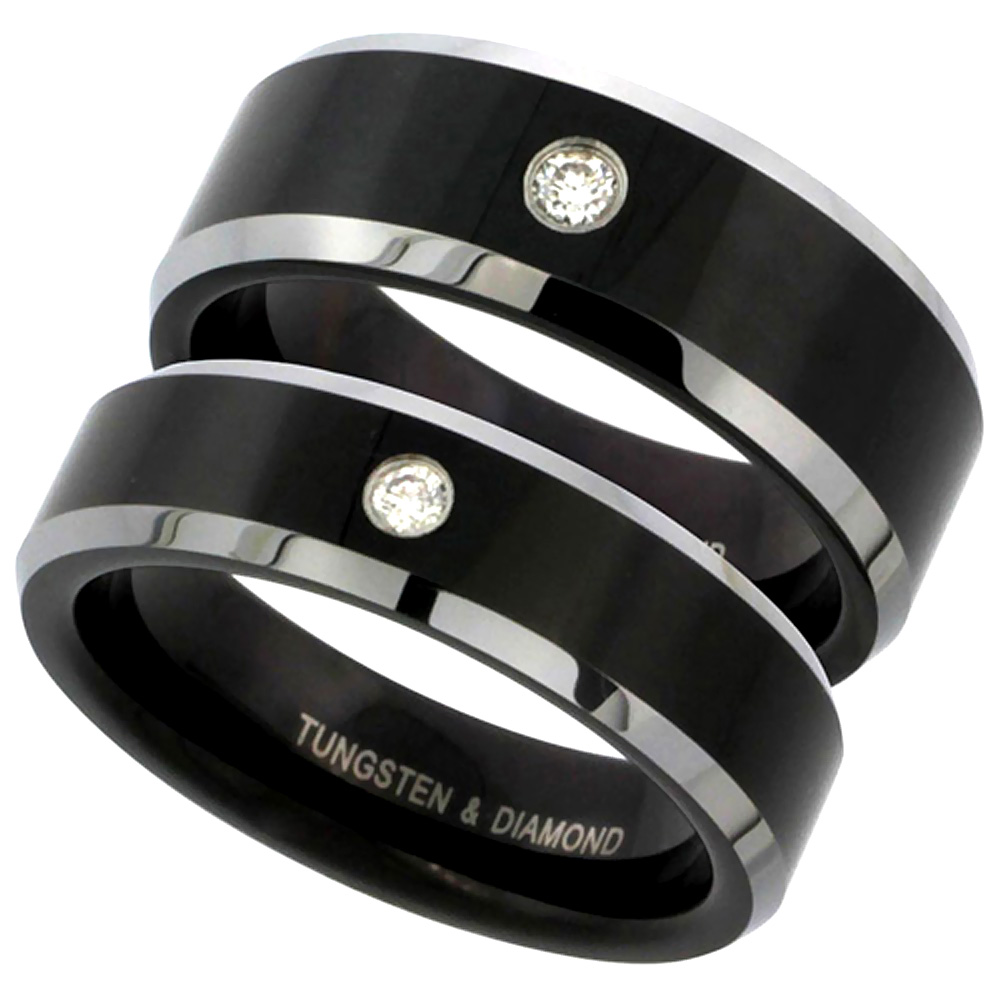 2-Ring Set 6 & 8mm Black Tungsten Diamond Wedding Ring Him & Her Two-tone Beveled Comfort fit, sizes 5-13