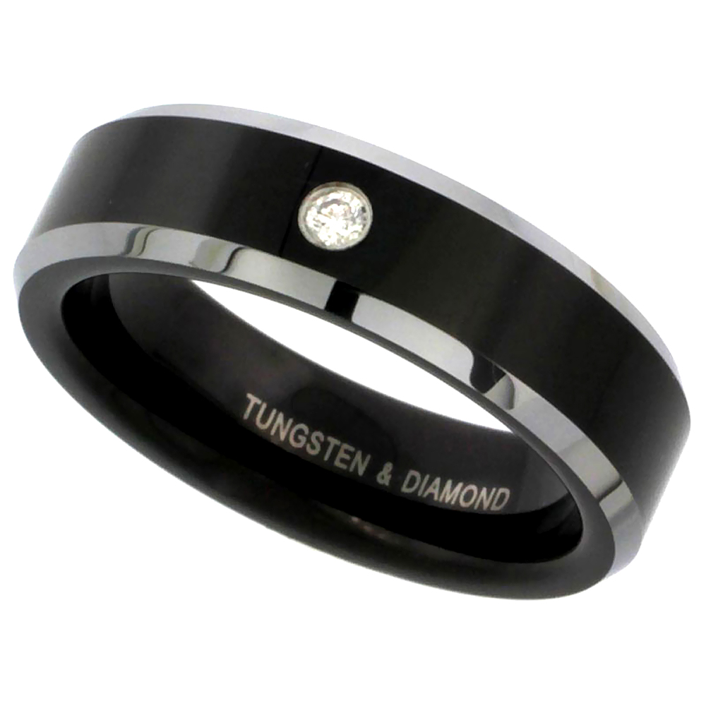 6mm Black Tungsten Diamond Wedding Ring for Him & Her Two-tone Beveled Edges Comfort fit, sizes 5 to 9