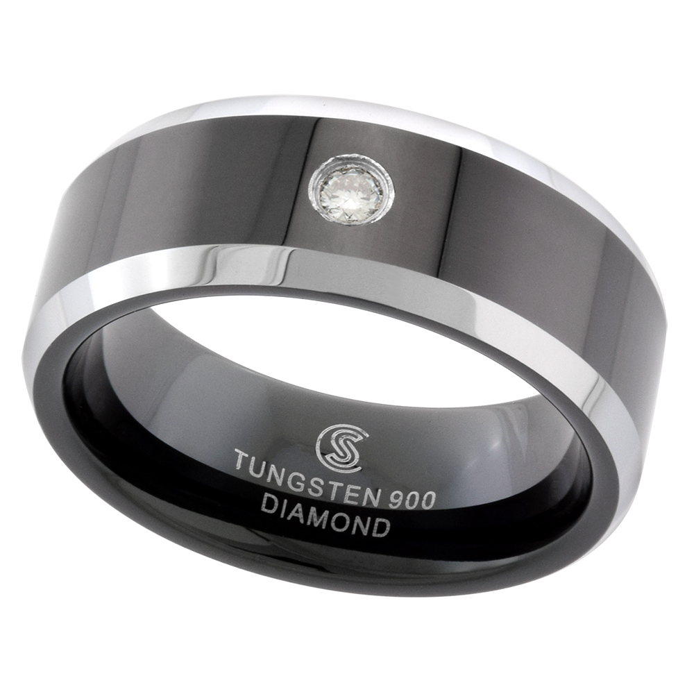 8MM BLACK TUNGSTEN CARBIDE DIAMOND WEDDING RING 0.07 CTTW TWO-TONE BEVELED EDGES COMFORT FIT SIZES 8 TO 13