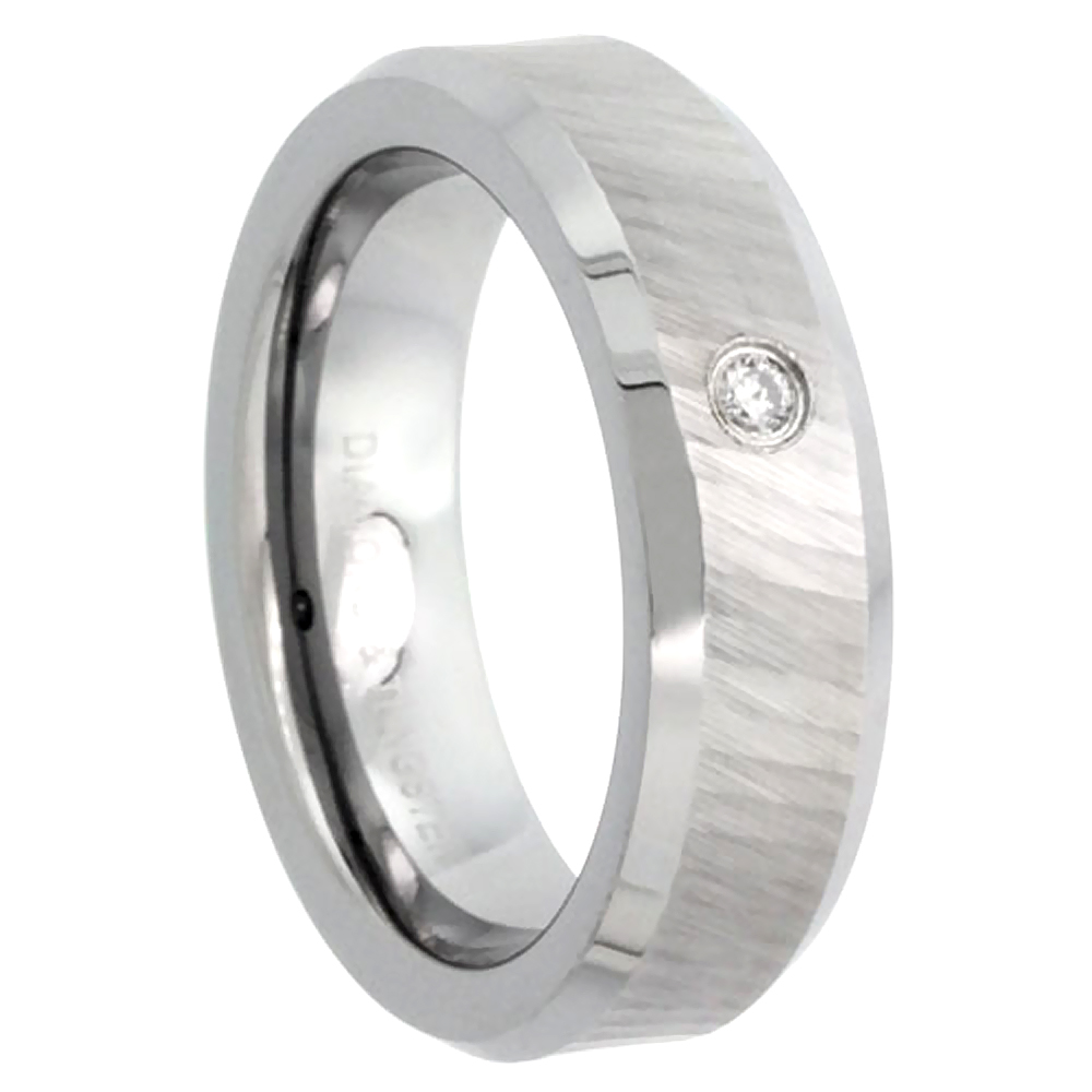 6mm Tungsten Diamond Wedding Ring for Him &amp; Her Dazzling Cut Finish Beveled Comfort fit, sizes 4 to 9.5