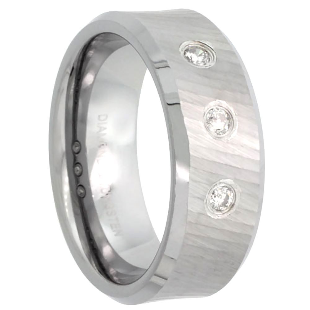 8mm Tungsten 3 Stone Diamond Wedding Ring Dazzling Cut Finish Beveled Edges Comfort fit, sizes 8 to 13