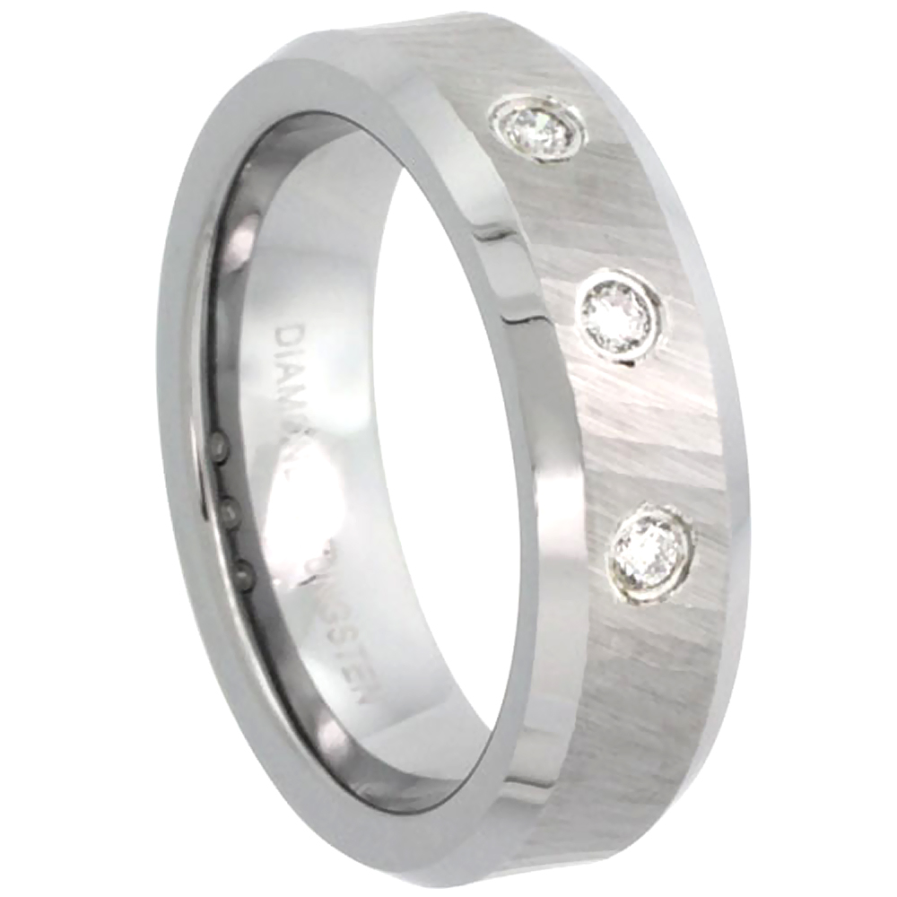 6mm Tungsten 3 Stone Diamond Wedding Ring for Him &amp; Her Diamond Cut Beveled Comfort fit, sizes 4 to 9.5