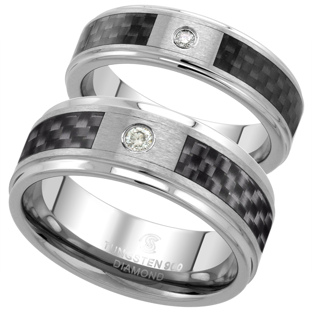 2-Ring Set 6 &amp; 8mm Tungsten Diamond Wedding Ring Him &amp; Her Blue Carbon Fiber Beveled Comfort fit, sizes 5-13