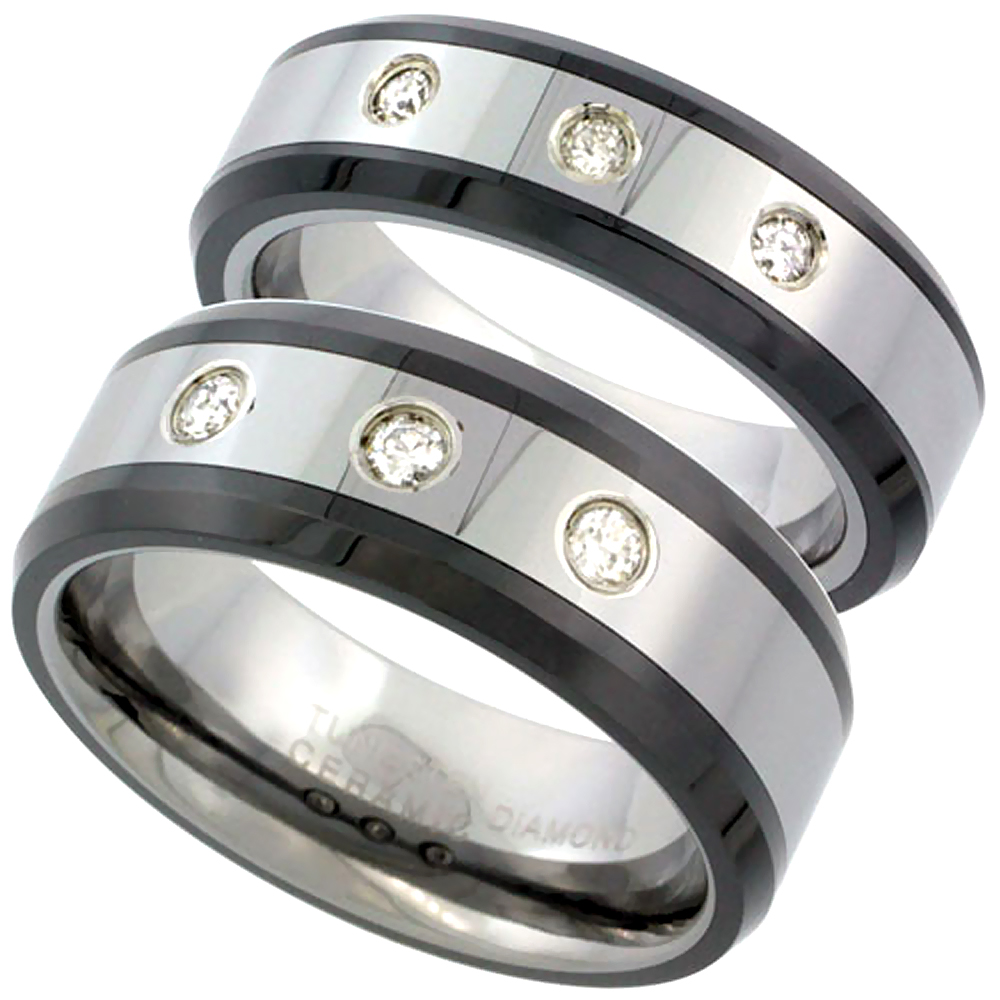 2-Ring Set 6 &amp; 8mm Tungsten 3 Stone Diamond Wedding Ring Beveled Black Ceramic Edges Comfort fitsizes 5-13