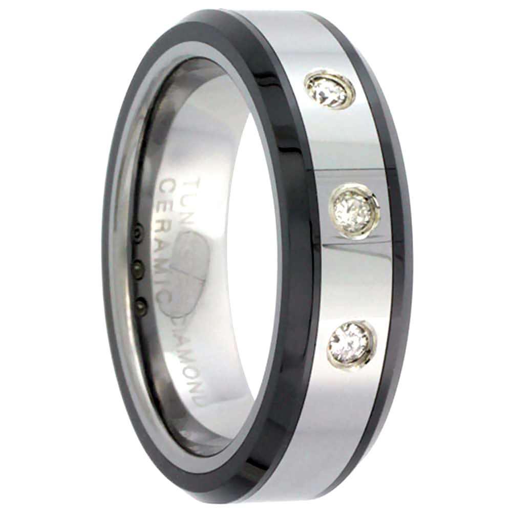 6mm Tungsten 3 Stone Diamond Wedding Ring for Him & Her Beveled Black Ceramic Edges Comfort fit, sizes 5 to 9.5