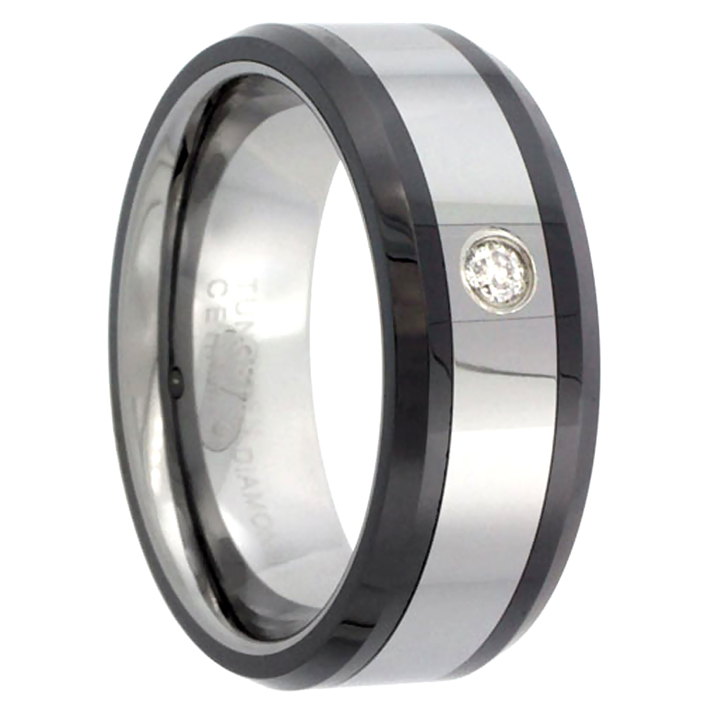 8mm Tungsten Diamond Wedding Ring Beveled Black Ceramic Inlay Edges Comfort fit, sizes 8 to 13