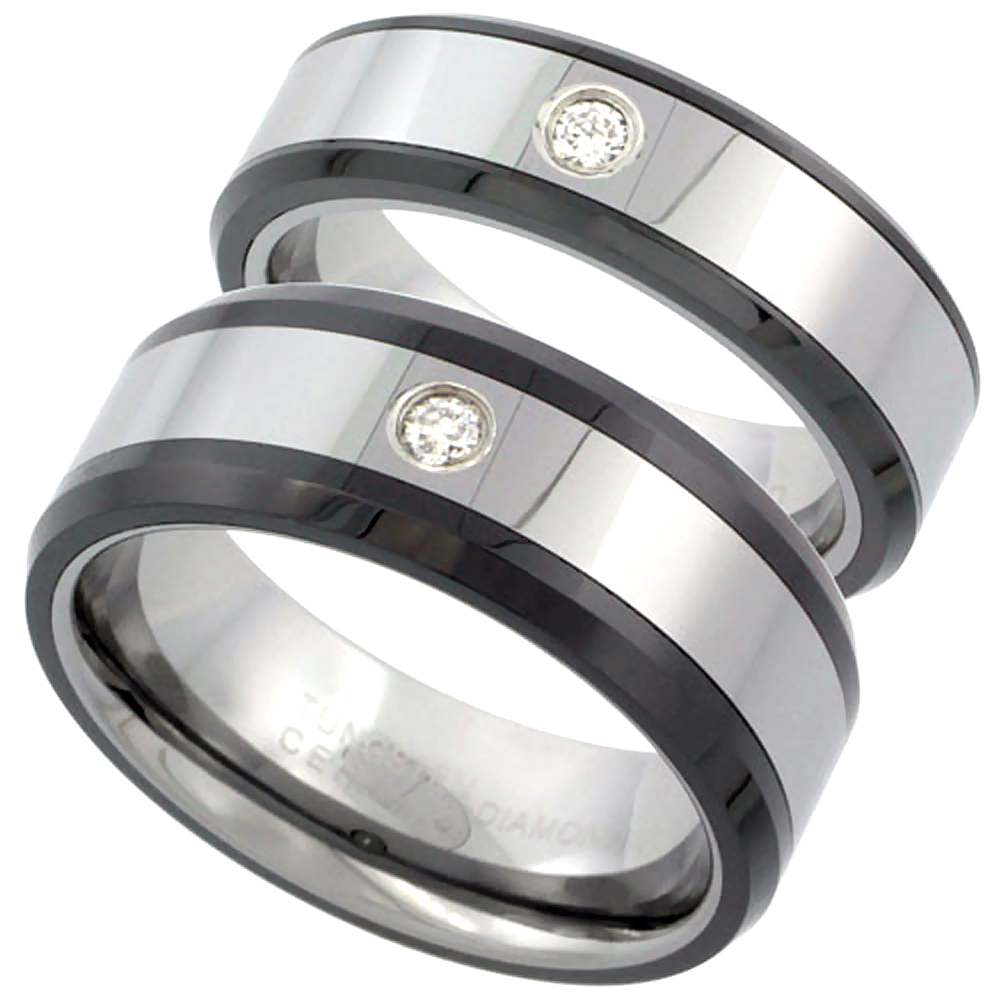 2-Ring Set 6 &amp; 8mm Tungsten Diamond Wedding Ring Him &amp; Her Beveled Black Ceramic Edges Comfort fitsizes 5-13