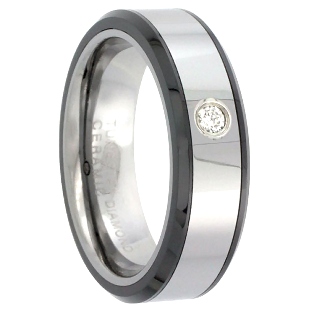 6mm Tungsten Diamond Wedding Ring for Him & Her Beveled Black Ceramic Edges Comfort fit, sizes 4 to 9.5