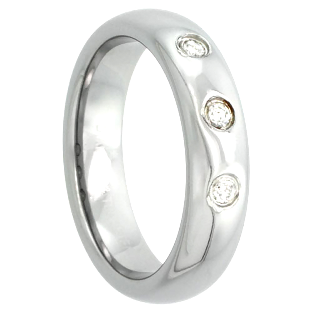 5mm Tungsten 900 Diamond Wedding Ring Domed 3 Stone 0.09 cttw Polished Finish Comfort fit, sizes 4 to 9.5