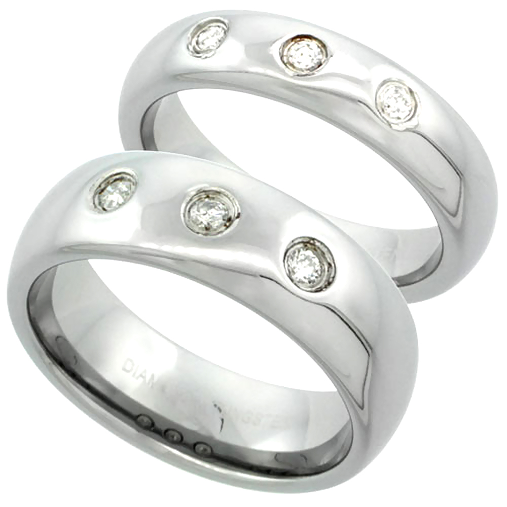 2-Ring Set 5 & 7 mm Tungsten Diamond Wedding Ring Domed 3 Stone Polished Finish Comfort fitsizes 5-13