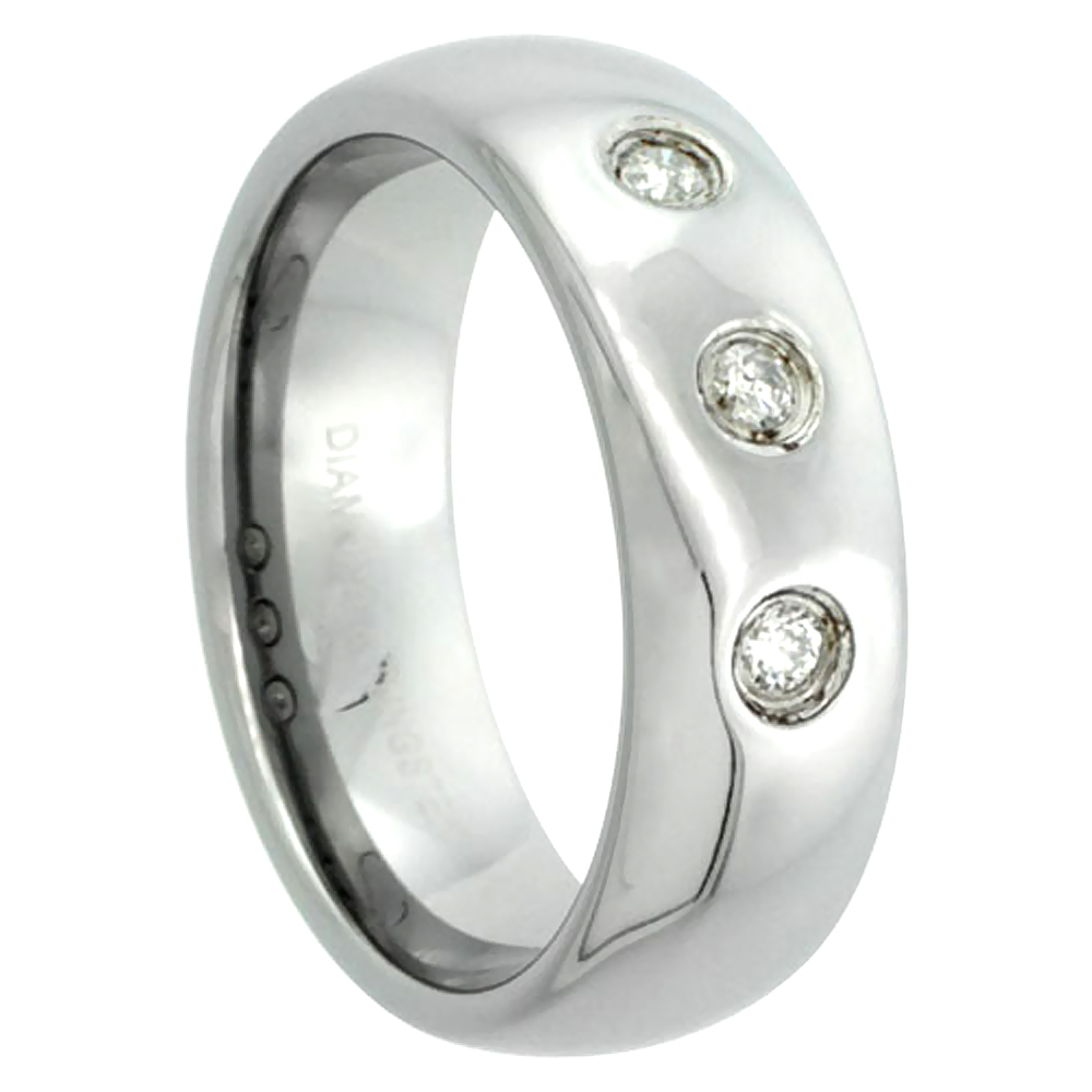 7mm Tungsten 900 Diamond Wedding Ring Domed 3 Stone 0.14 cttw Polished Finish Comfort fit, sizes 8 to 13