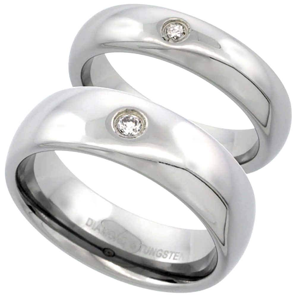 2-Ring Set 5 &amp; 7 mm Tungsten Diamond Wedding Ring Domed Polished Finish Comfort fit, sizes 5-13