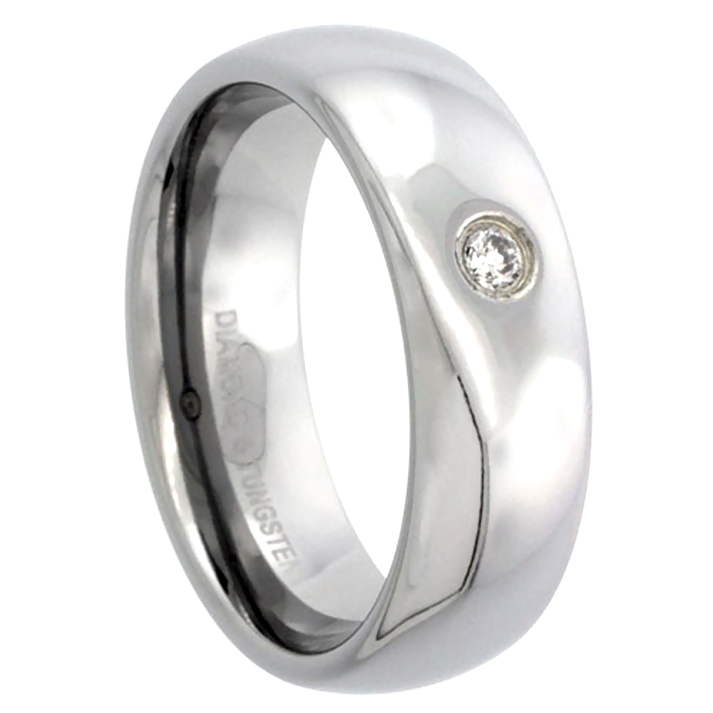 7mm Tungsten Diamond Wedding Ring Domed Polished Finish for him and her Comfort fit, sizes 8 to 13