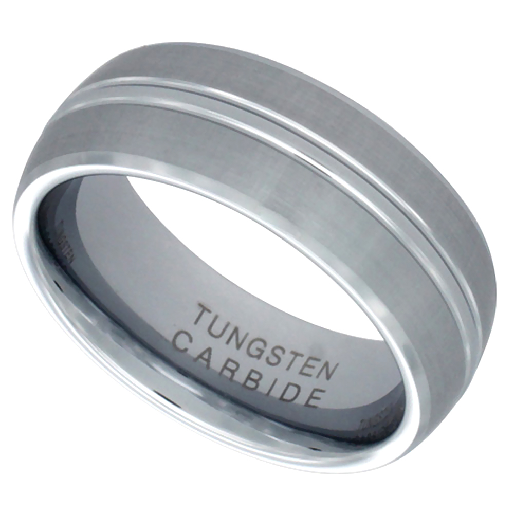 8MM TUNGSTEN 900 WEDDING RING CONVEX GROOVE CENTER CENTER SATIN FINISH BEVELED EDGES COMFORT FIT, SIZES 7 - 14