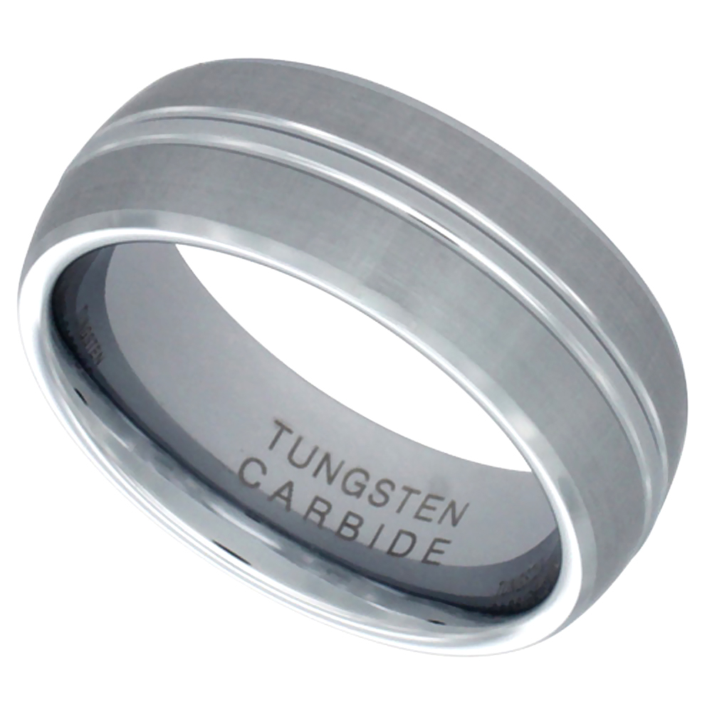 8mm Tungsten 900 Wedding Ring Convex Groove Center Center Satin Finish Beveled Edges Comfort fit, sizes 7 - 14