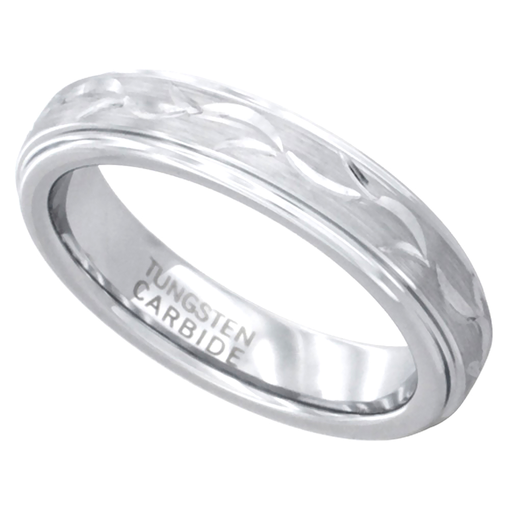 Silver Finish 4.5mm Tungsten 900 Wedding Ring Ladies Vine Pattern Handcarved Recessed Edges Comfort fit, sizes 6 - 9