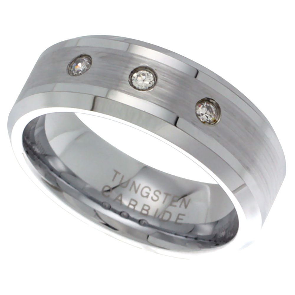 8mm Tungsten 900 Wedding Ring 3 Stone CZ Satin Finish Beveled Edges Comfort fit, sizes 9 - 12 