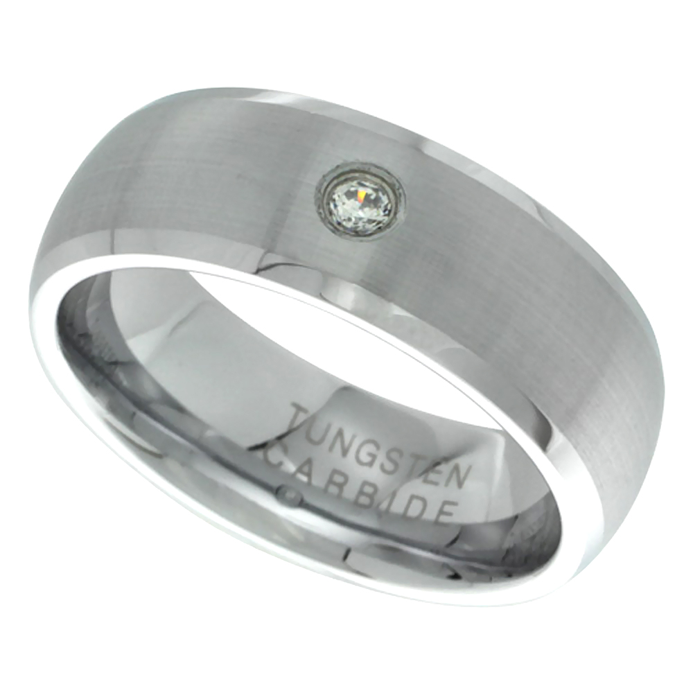8MM DOMED TUNGSTEN CARBIDE CUBIC ZIRCONIA WEDDING BAND RING FOR MEN SATIN FINISH BEVELED EDGES COMFORT FIT SIZES 9 - 12