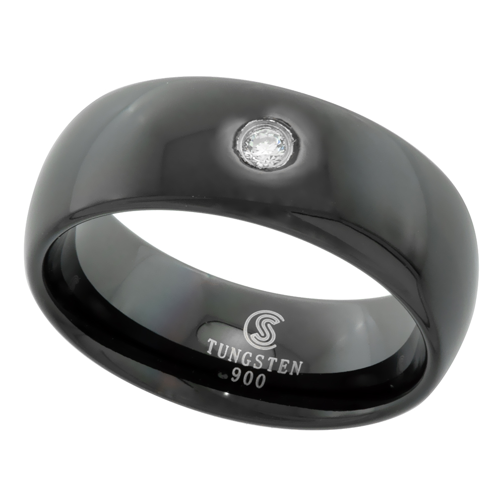 8MM BLACK TUNGSTEN CARBIDE WEDDING RING DOMED CZ COMFORT FIT SIZES 9 - 12