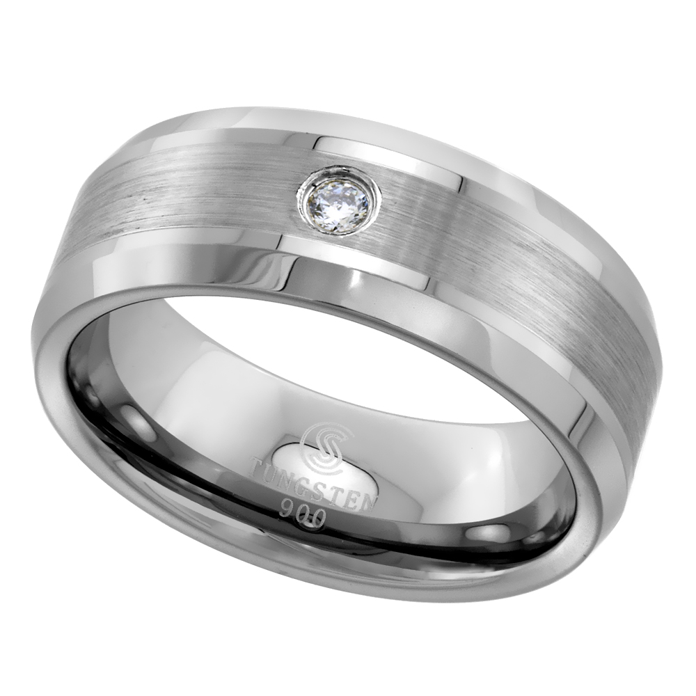 8MM TUNGSTEN CARBIDE CUBIC ZIRCONIA RING SATIN STRIPE BEVELED EDGES COMFORT FIT SIZES 9 - 12