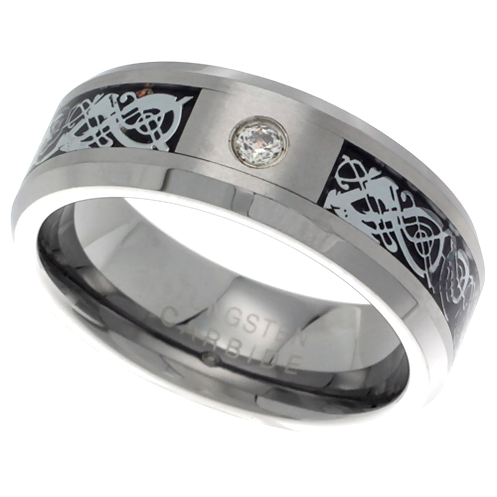 8mm Tungsten 900 Cubic ZirconiaRing Celtic Dragon Inlay Beveled Edges Comfort fit, sizes 9 - 12 
