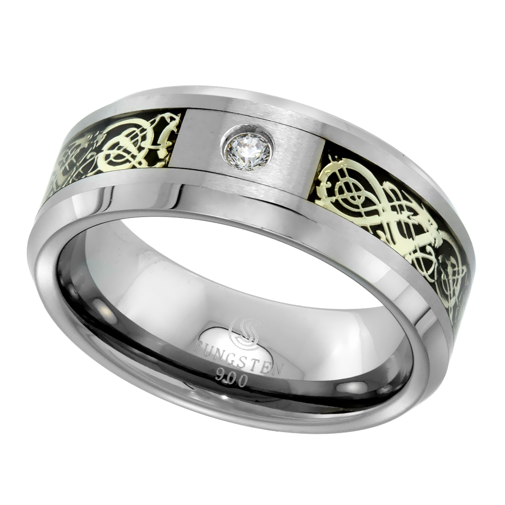 8MM TUNGSTEN CARBIDE CUBIC ZIRCONIA RING CELTIC DRAGON INLAY BEVELED EDGES COMFORT FIT SIZES 9 - 12