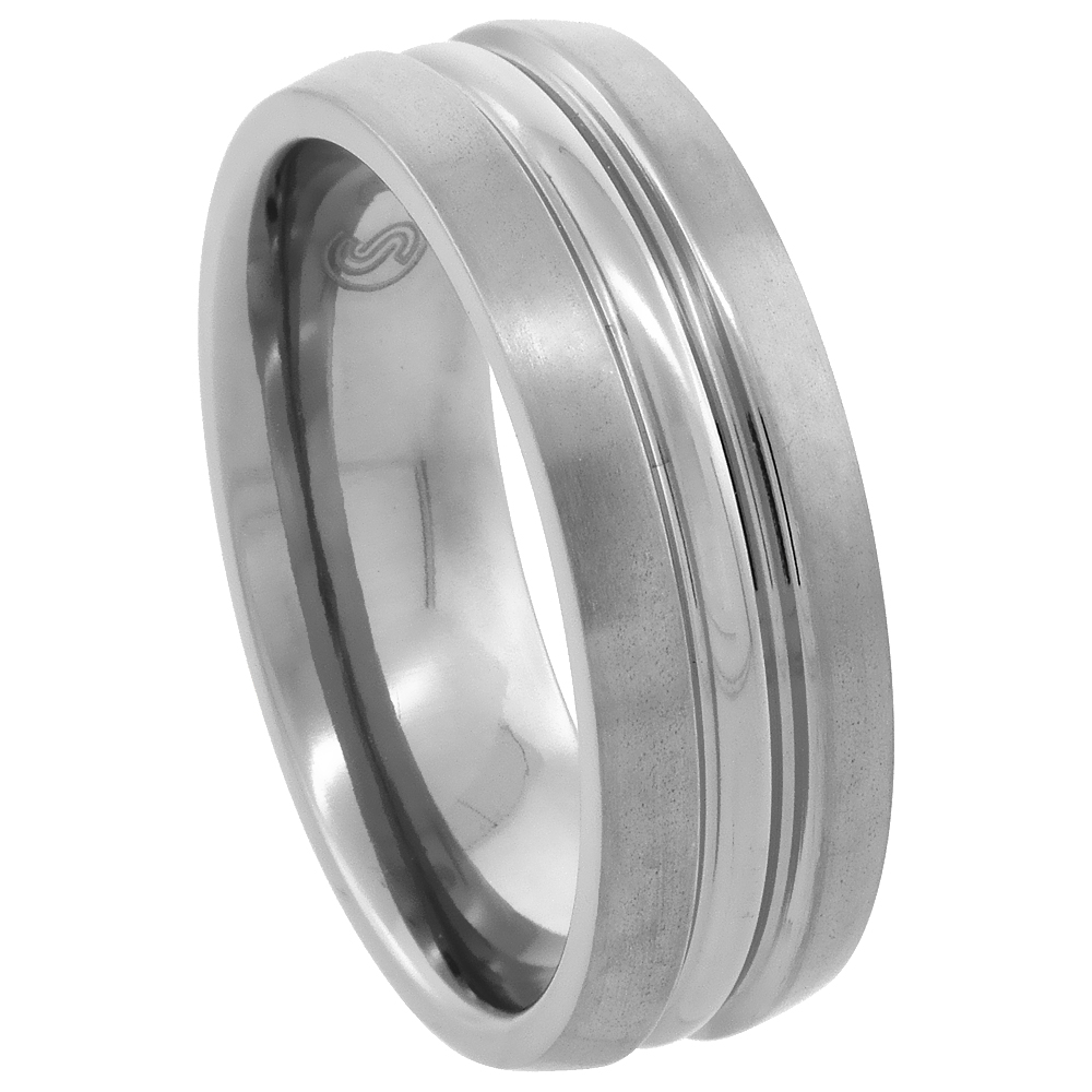 7mm Titanium Wedding Band Ring for Men Polished Convex Center Matte Edges Comfort-fit sizes 7 - 14