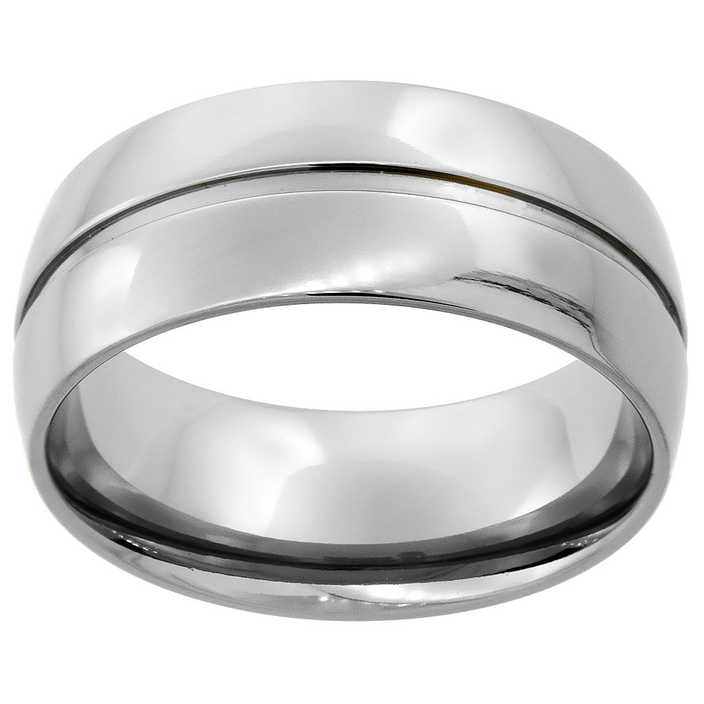 9mm Titanium Domed Wedding Band Ring for Men Grooved Center polished Finish Comfort Fit sizes 7 - 14