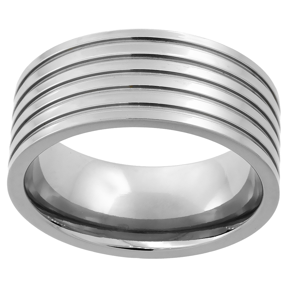 9mm Titanium Pipe Cut Wedding Band Ring for Men 5 Grooves polished Finish Comfort Fit sizes 7 - 14