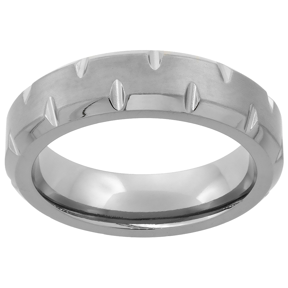 Notched Pattern 6mm Titanium Pipe Cut Wedding Band Ring for Men Beveled Edges Brushed Finish Comfort Fit sizes 7 - 14
