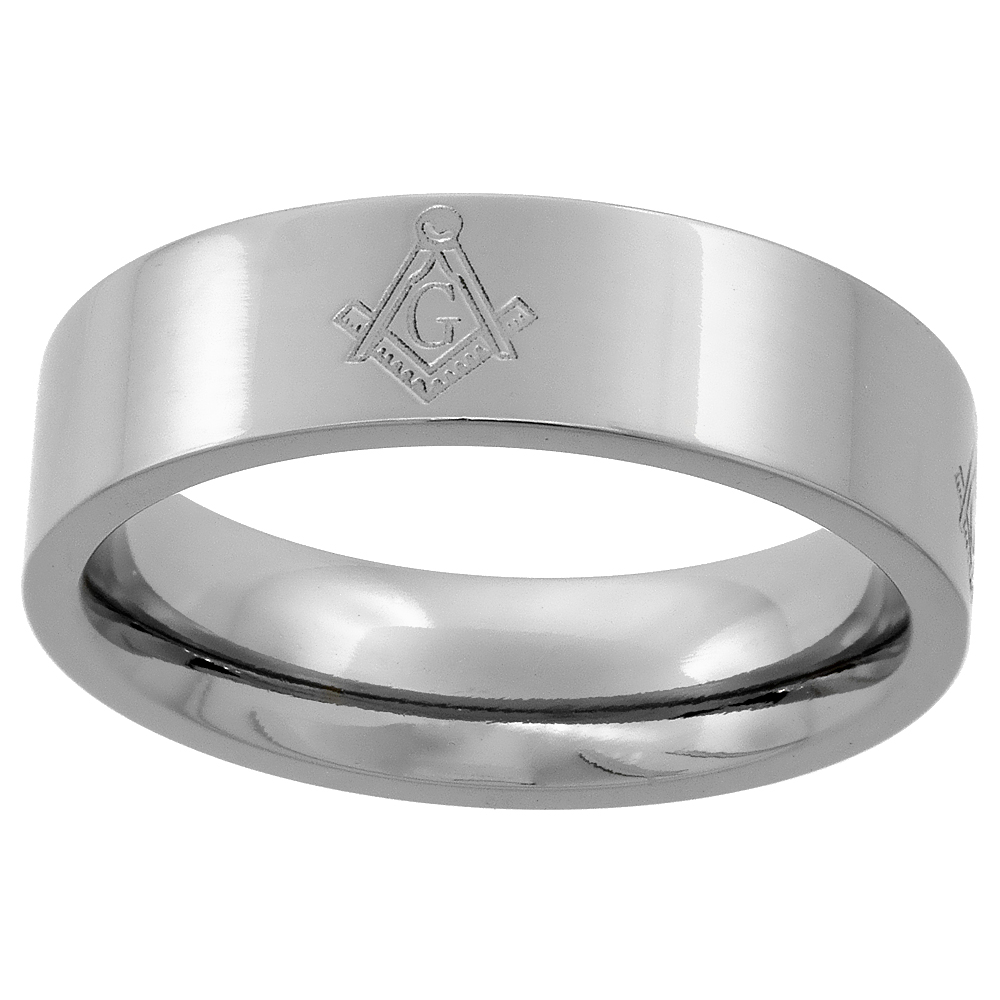 6mm Titanium Pipe Cut Masonic Symbol Wedding Band Ring for Men Square and Compass Symbol Comfort Fit sizes 7 to14