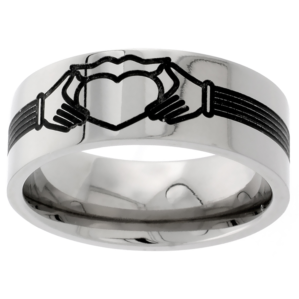 9mm Titanium Pipe Cut Claddagh Wedding Band Ring for Men Celtic Symbol Comfort Fit sizes 7 - 14