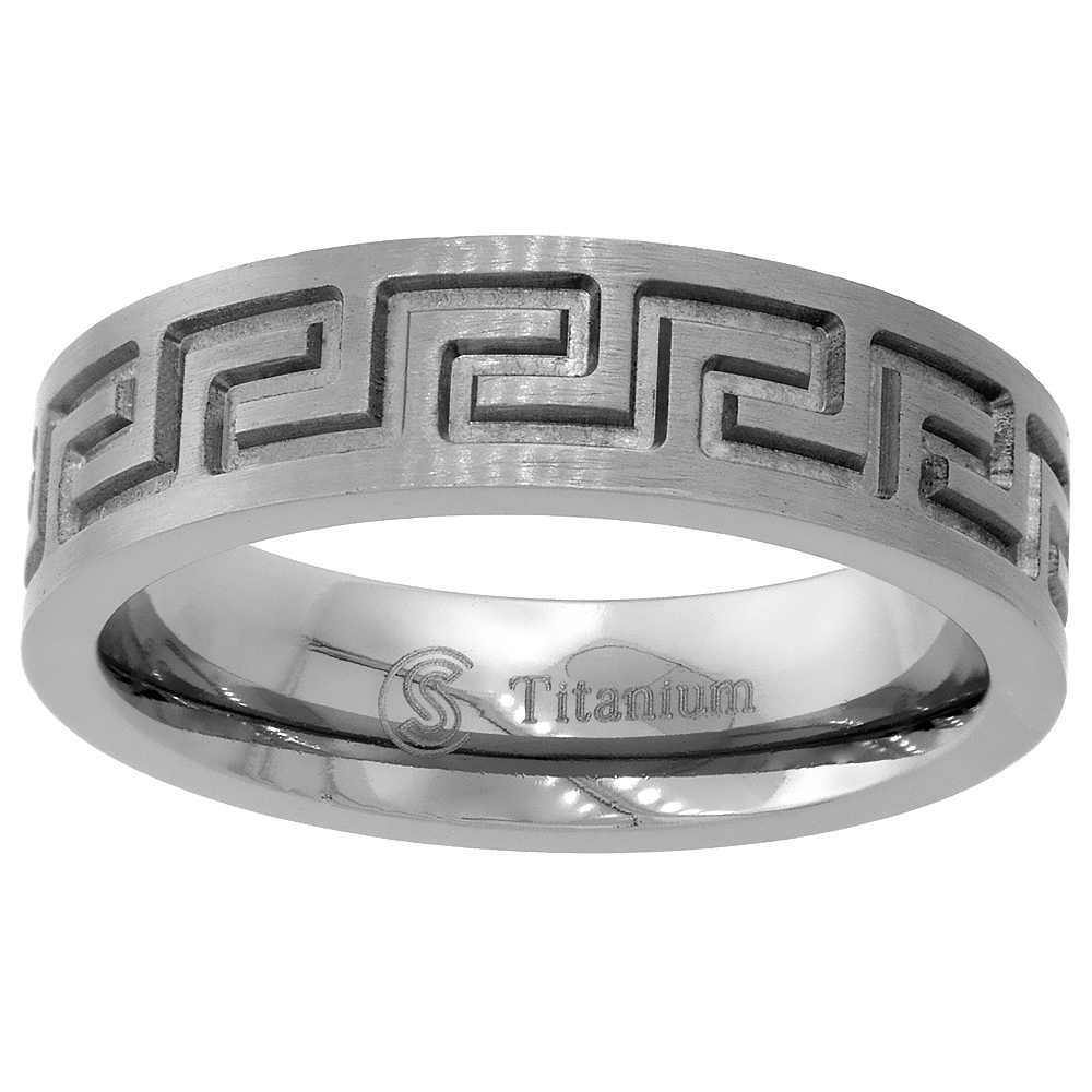 6mm Titanium Wedding Band Greek Key Ring Flat Comfort Fit sizes 6 - 14