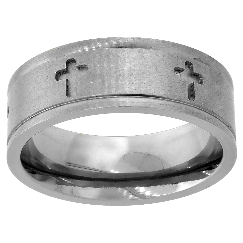 8mm Titanium Wedding Band Cross Ring Deep Carving Grooved Edges Flat Comfort Fit sizes 6 - 14