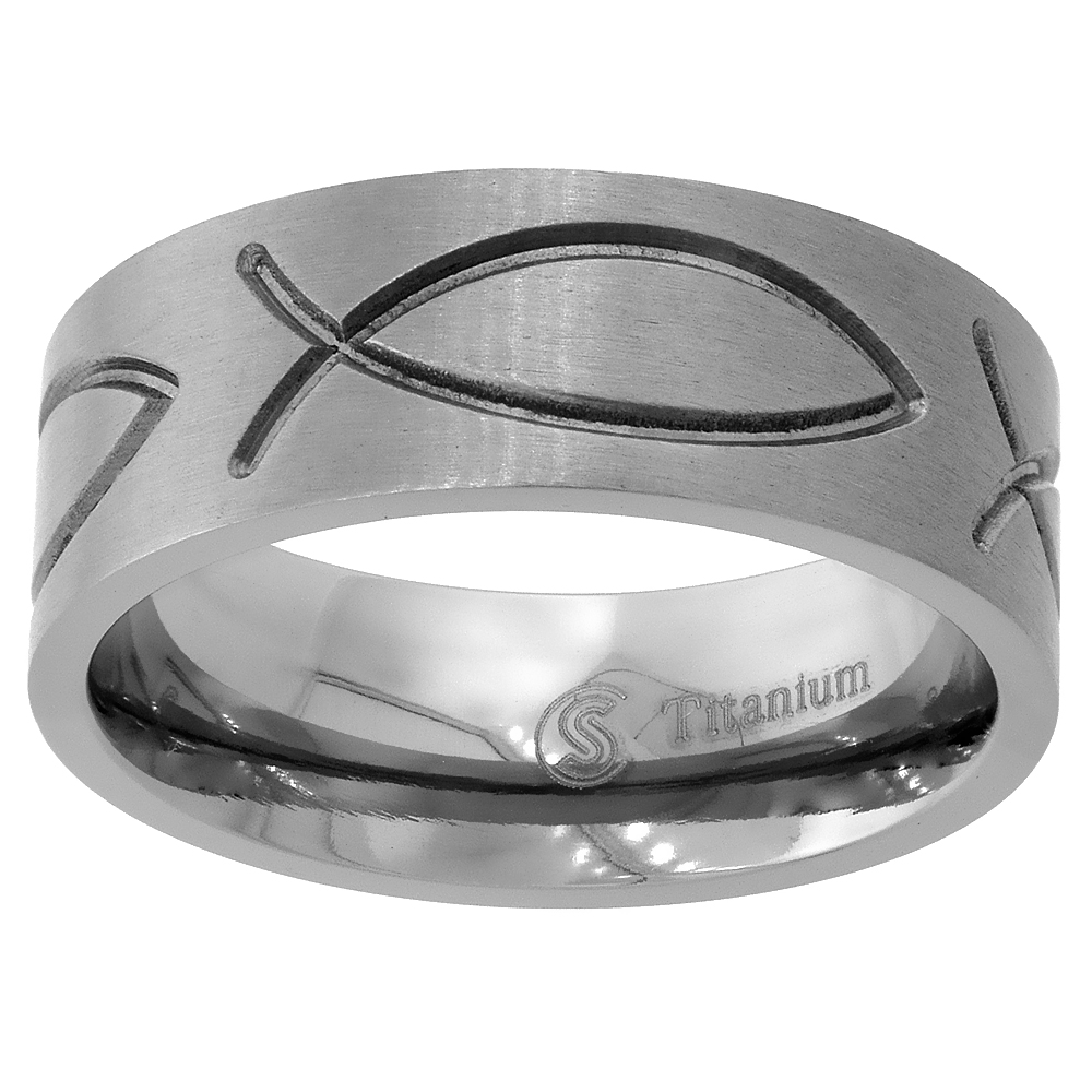 8mm Titanium Christian Fish Wedding Band Ichthys Ring Flat Comfort Fit sizes 6 - 14