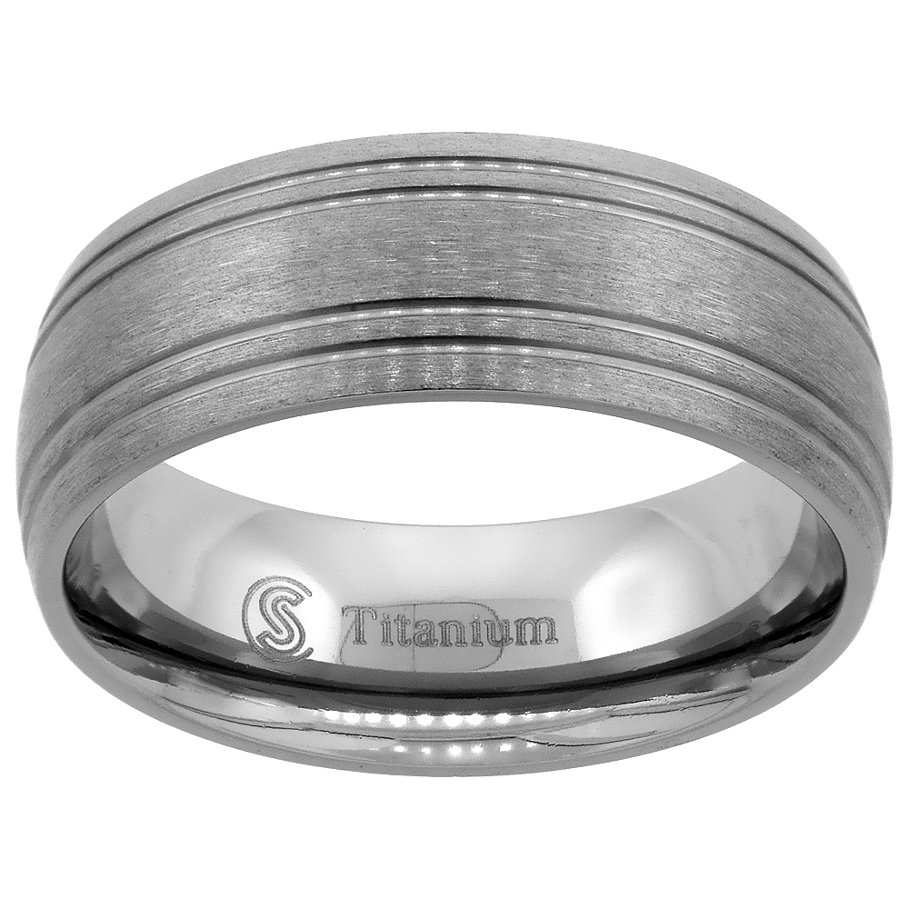 8mm Titanium Wedding Band Ring 4 Grooves Brushed Finish Domed Comfort Fit sizes 7 - 14