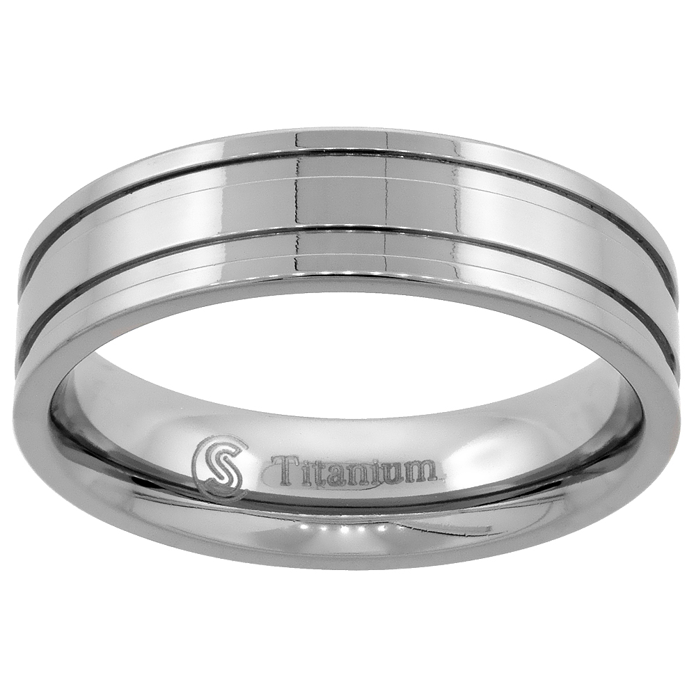6mm Titanium Wedding Band Ring 2 wide Grooves Flat polished Finish Comfort Fit sizes 7 - 14