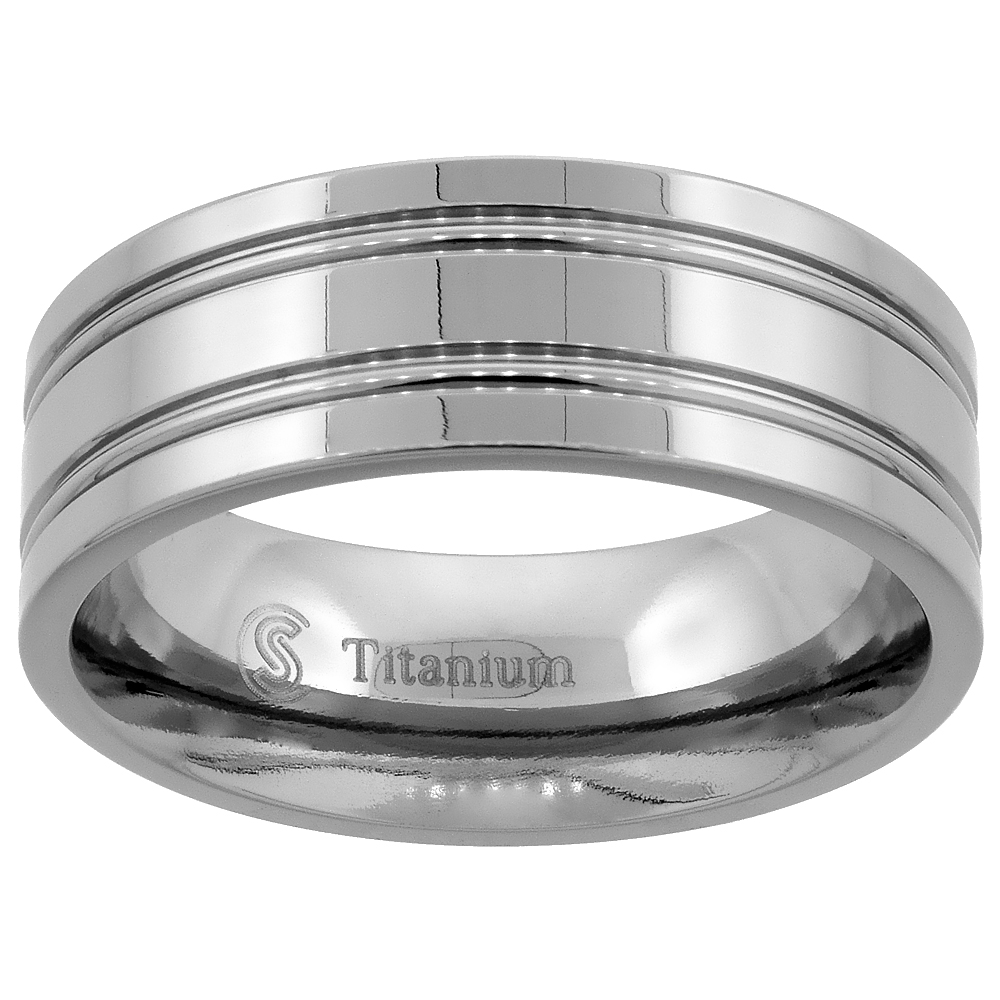 8mm Titanium Wedding Band Ring 2 Grooves Flat polished Finish Comfort Fit sizes 7 - 14