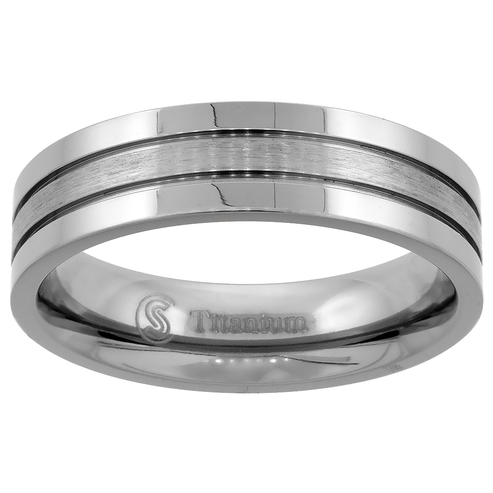 Titanium 6mm Wedding Band Ring 2 Grooves Brushed Center Flat Comfort Fit, sizes 7 - 14