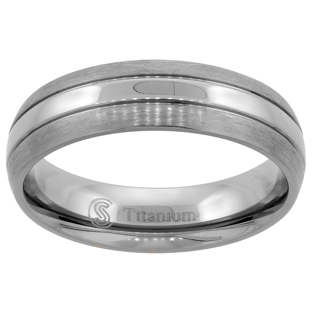 Titanium 8mm Wedding Band Ring Polished Stripe Center Brushed Edges Domed Comfort Fit, sizes 7 - 14