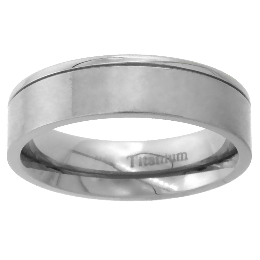 6mm Titanium Wedding Band Ring Brushed Finish one Polished Grooved Edges Flat Comfort Fit sizes 5 - 14