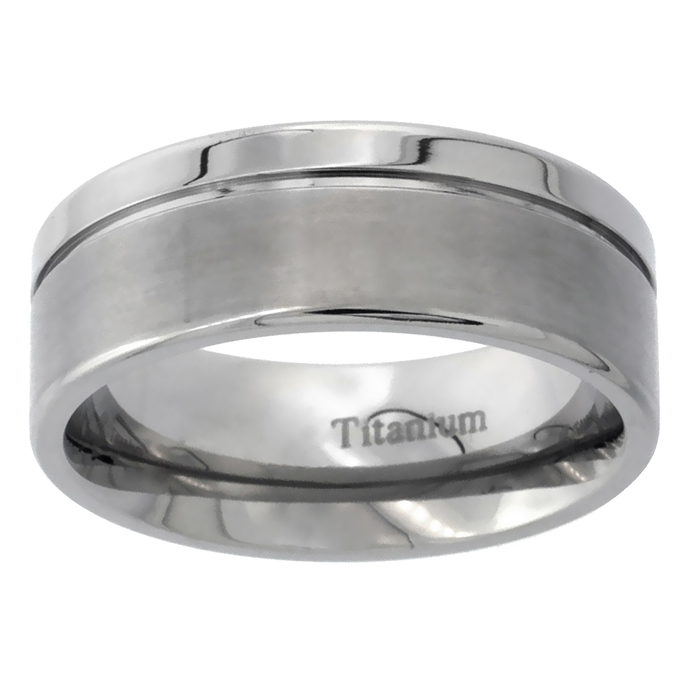 8mm Titanium Wedding Band Ring Brushed Finish one Polished Grooved Edges Flat Comfort Fit sizes 7 - 14