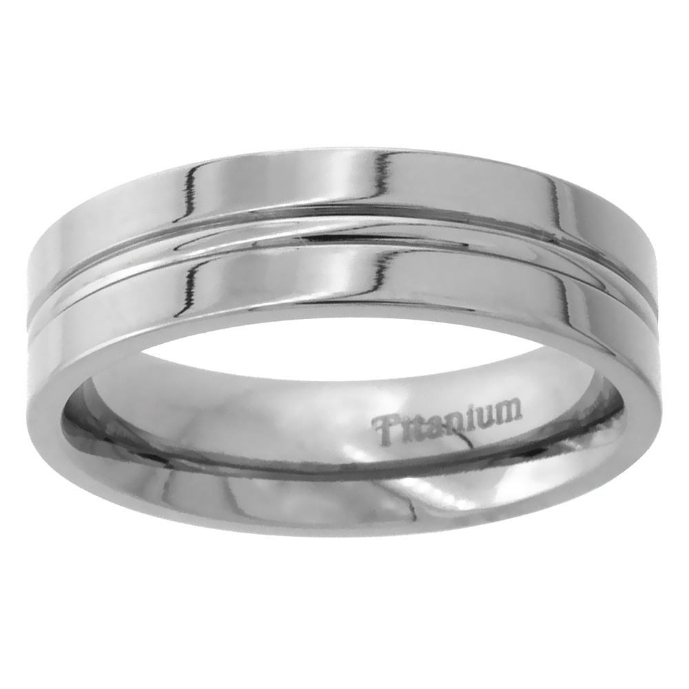 Titanium 6mm Wedding Band Ring Convex Groove Center Flat polished Finish Comfort Fit, sizes 5 - 14