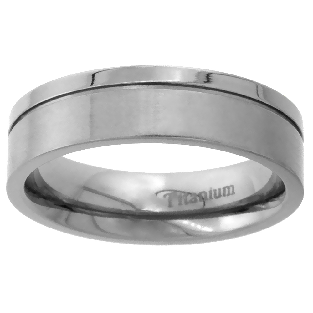 Titanium 6mm Wedding Band Ring One Groove Squared Edges Men &amp; Women Comfort Fit, sizes 5 - 14