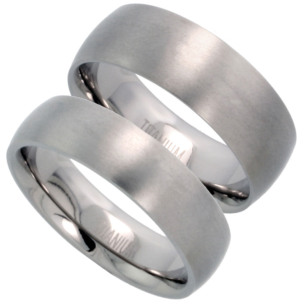 6 &amp; 8mm Titanium Plain Wedding Band Ring Domed Set Brushed Comfort Fit 5/16 inch sizes 5 - 15
