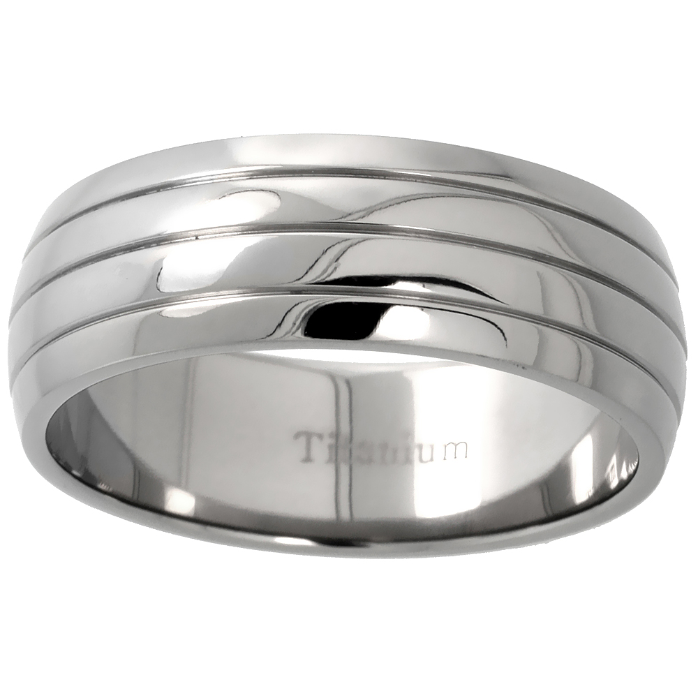 8mm Titanium Wedding Band Ring 3 Grooves Domed Comfort Fit sizes 8 - 15