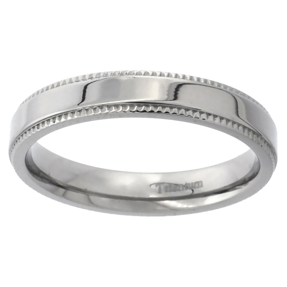Titanium 6mm Wedding Band Milgrain Ring Polished Flat Comfort Fit, sizes 7 - 14