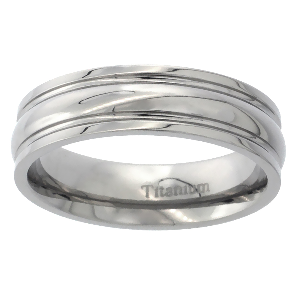 6mm Titanium Wedding Band Ring Domed Center Grooved Edges Polished Comfort Fit sizes 7 - 14